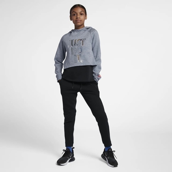 Nike Just Do It Cropped Sweatshirt Large Kids Gray Hooded Pullover - Picture 1 of 10